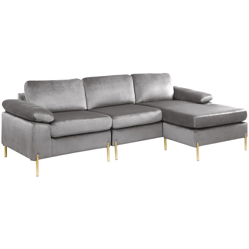 Devion Furniture Modern Velvet Sectional Sofa in Gray/Gold legs