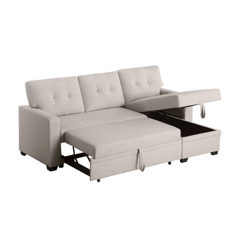 Devion Furniture Polyester Fabric Reversible Sleeper Sectional Sofa-Beige