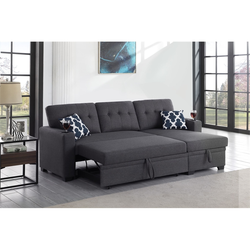 Reversible Fabric Sleeper Sofa Bed & Chaise with Cup Holder-Dark Gray