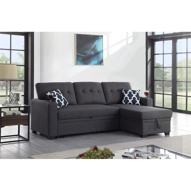 Reversible Fabric Sleeper Sofa Bed & Chaise with Cup Holder-Dark Gray