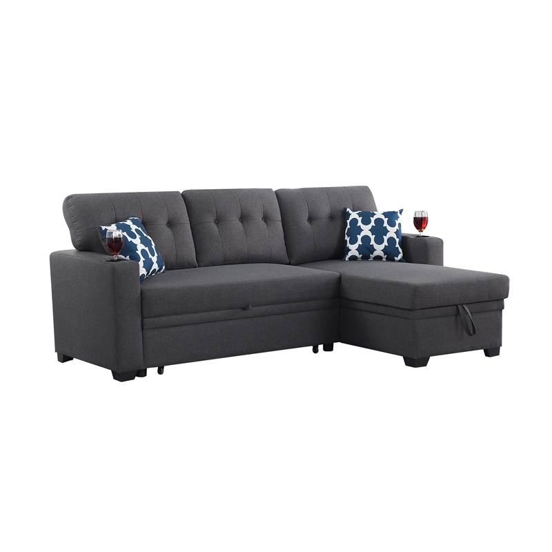 Reversible Fabric Sleeper Sofa Bed & Chaise with Cup Holder-Dark Gray