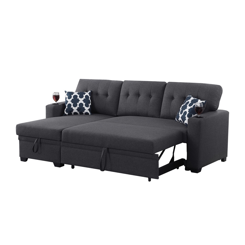 Reversible Fabric Sleeper Sofa Bed & Chaise with Cup Holder-Dark Gray