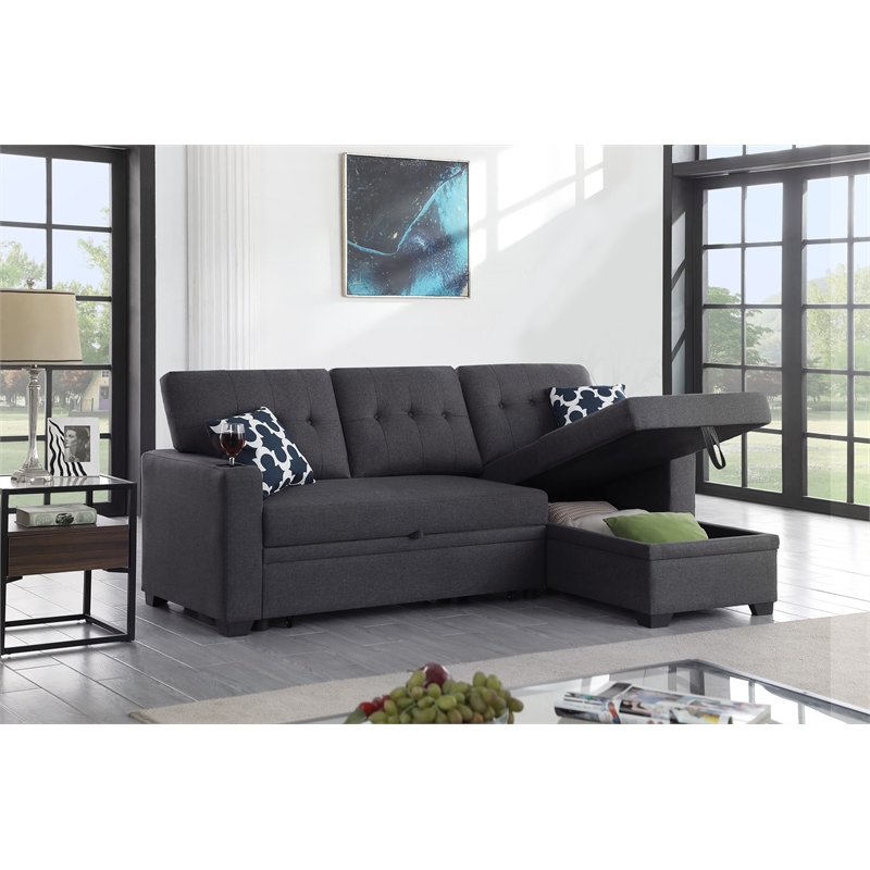 Reversible Fabric Sleeper Sofa Bed & Chaise with Cup Holder-Dark Gray