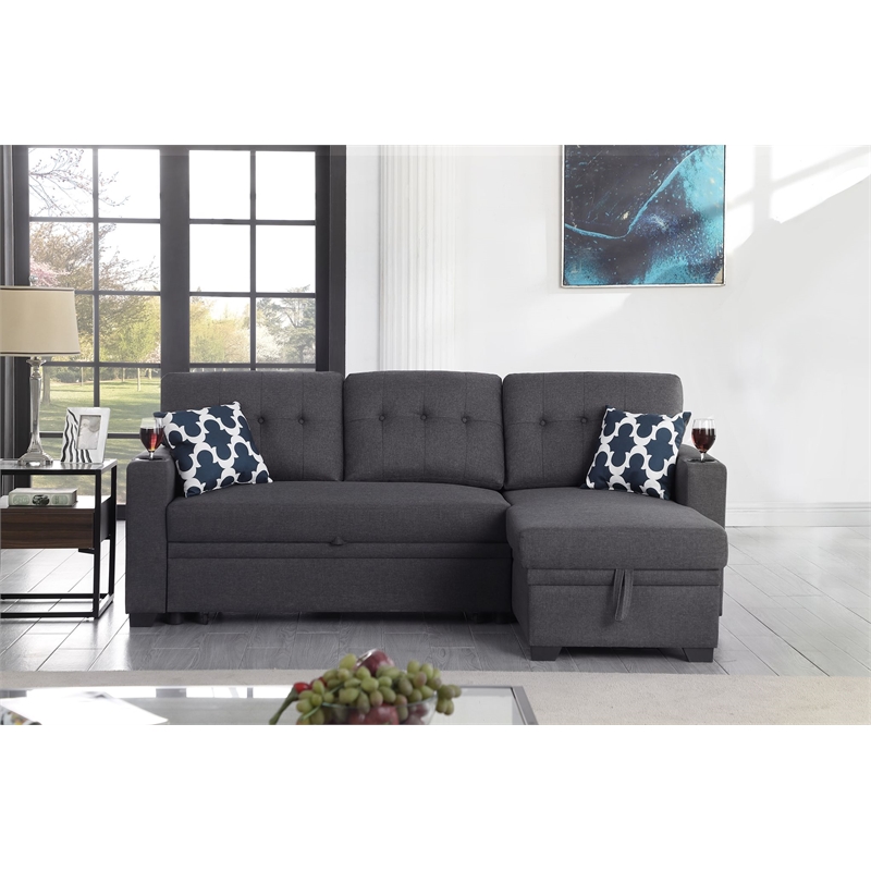 Reversible Fabric Sleeper Sofa Bed & Chaise with Cup Holder-Dark Gray