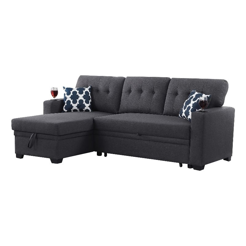 Reversible Fabric Sleeper Sofa Bed & Chaise with Cup Holder-Dark Gray