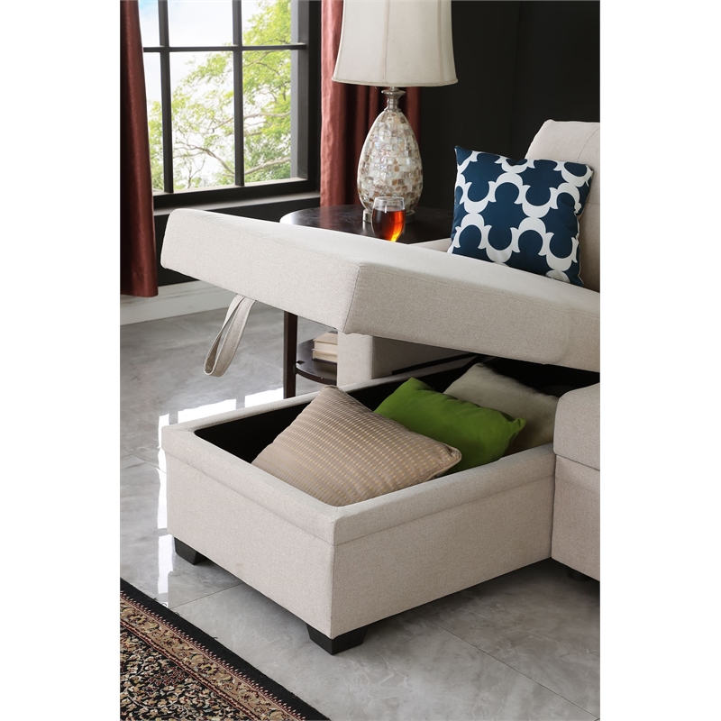 Reversible Fabric Sleeper Sofa Bed & Chaise with Cup Holder-Beige