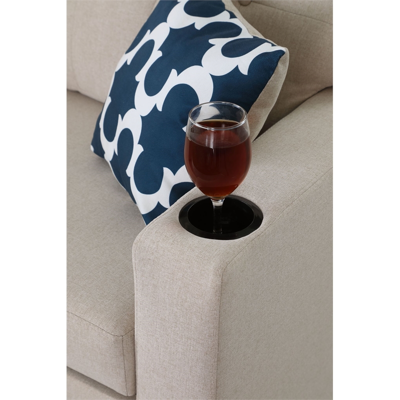 Reversible Fabric Sleeper Sofa Bed & Chaise with Cup Holder-Beige