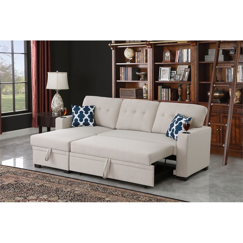 Reversible Fabric Sleeper Sofa Bed & Chaise with Cup Holder-Beige
