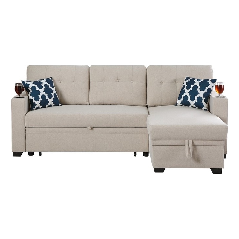 Reversible Fabric Sleeper Sofa Bed & Chaise with Cup Holder-Beige