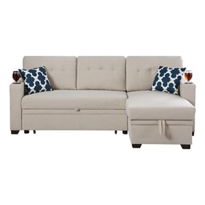 Reversible Fabric Sleeper Sofa Bed & Chaise with Cup Holder-Beige