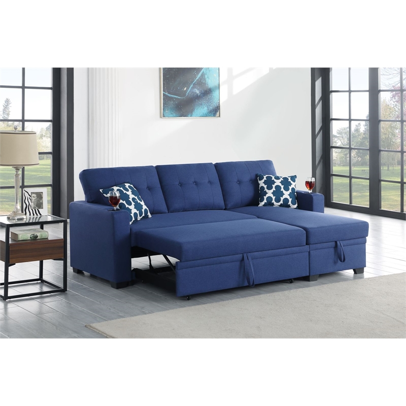 Reversible Fabric Sleeper Sofa Bed & Chaise with Cup HolderBlue