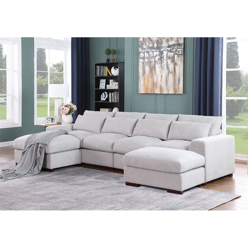 Reversible Modular Sectional Fabric Sofa With Two Ottoman-Light Gray