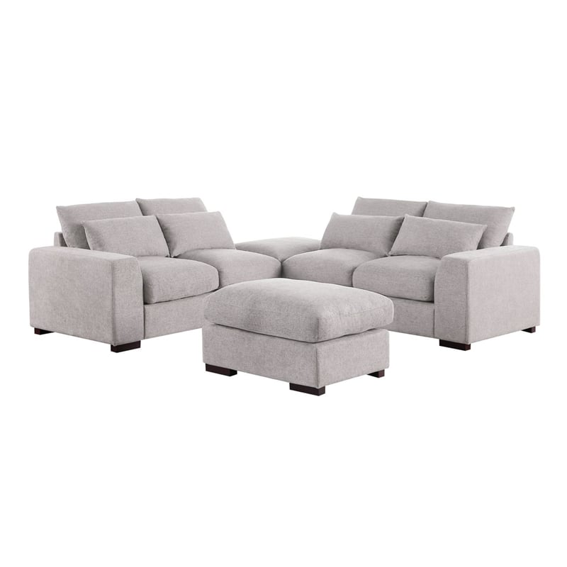 Reversible Modular Sectional Fabric Sofa With Two Ottoman-Light Gray