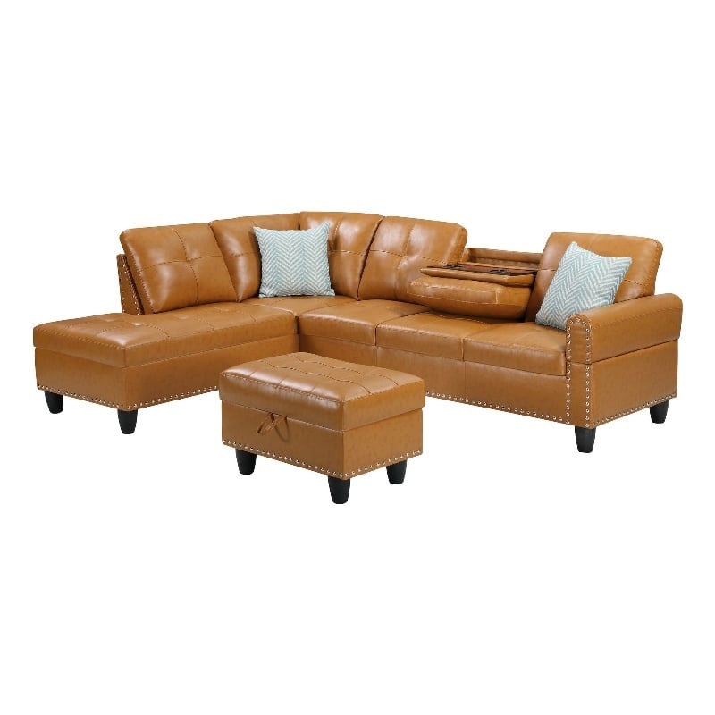Devion Furniture Faux Leather Sectional Sofa with Ottoman-Brown