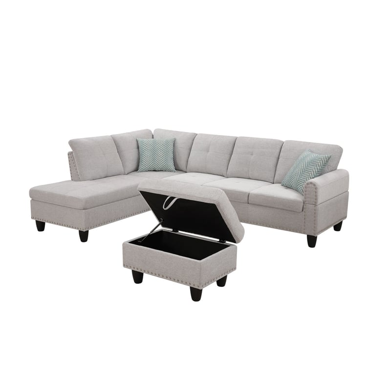 Devion Furniture Polyester Fabric Sectional Sofa with Ottoman-Light Gray