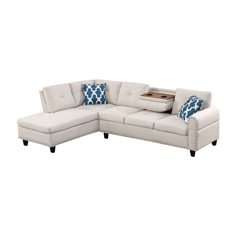 Devion Furniture Polyester Fabric Sectional Sofa with Ottoman-Beige