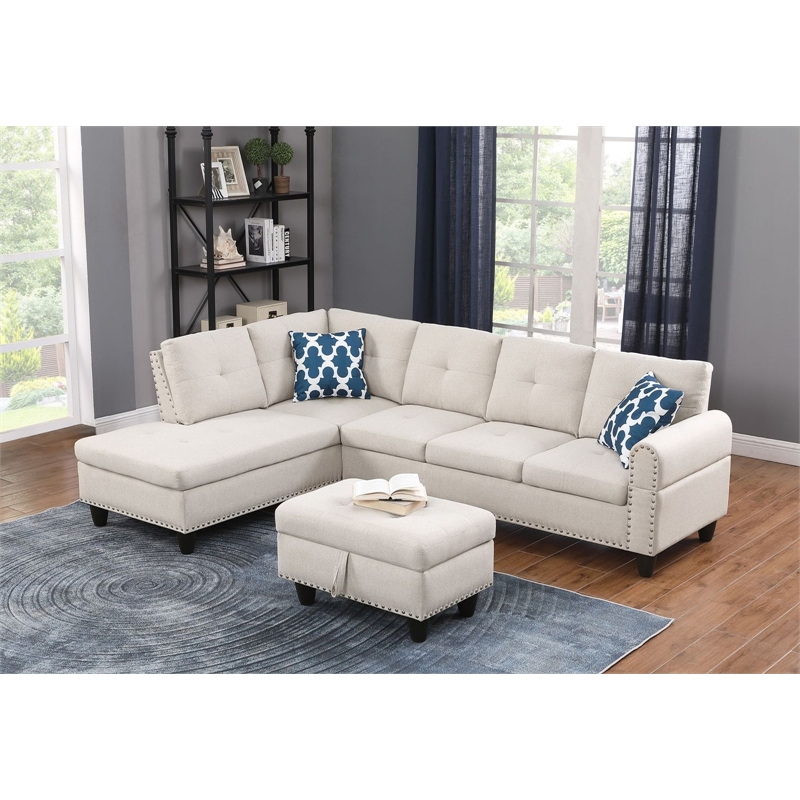 Devion Furniture Polyester Fabric Sectional Sofa with Ottoman-Beige