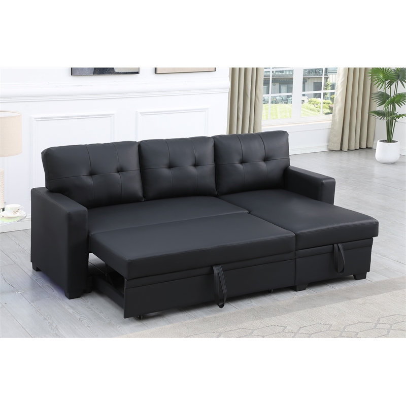 Devion Furniture Faux Leather Reversible Sleeper Sectional Sofa-Black