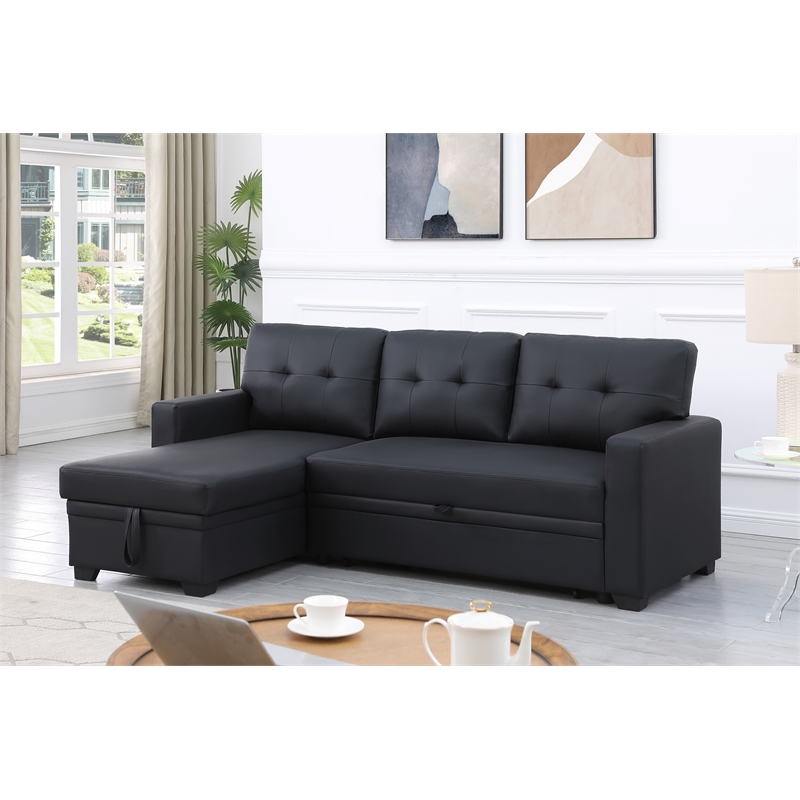 Devion Furniture Faux Leather Reversible Sleeper Sectional Sofa-Black