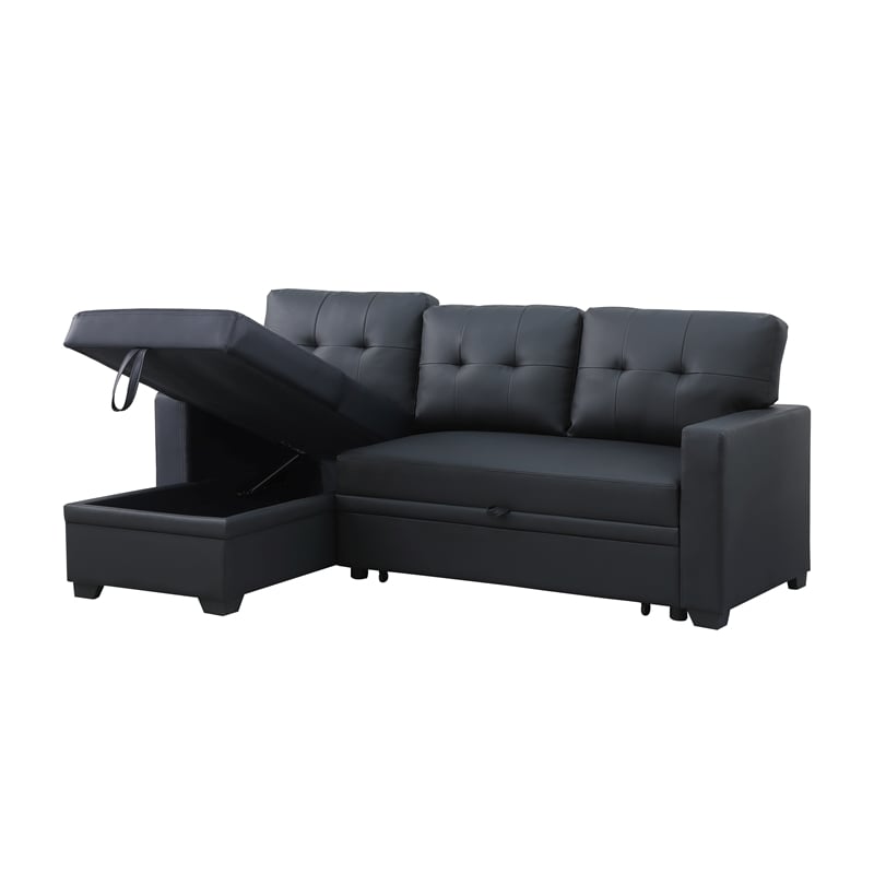 Devion Furniture Faux Leather Reversible Sleeper Sectional Sofa-Black