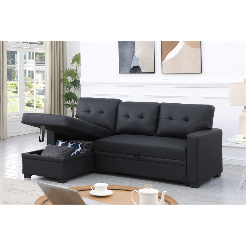 Devion Furniture Faux Leather Reversible Sleeper Sectional Sofa-Black