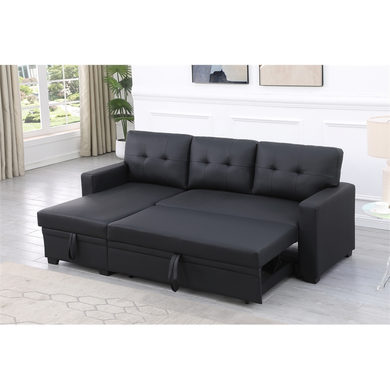 Devion Furniture Faux Leather Reversible Sleeper Sectional Sofa-Black