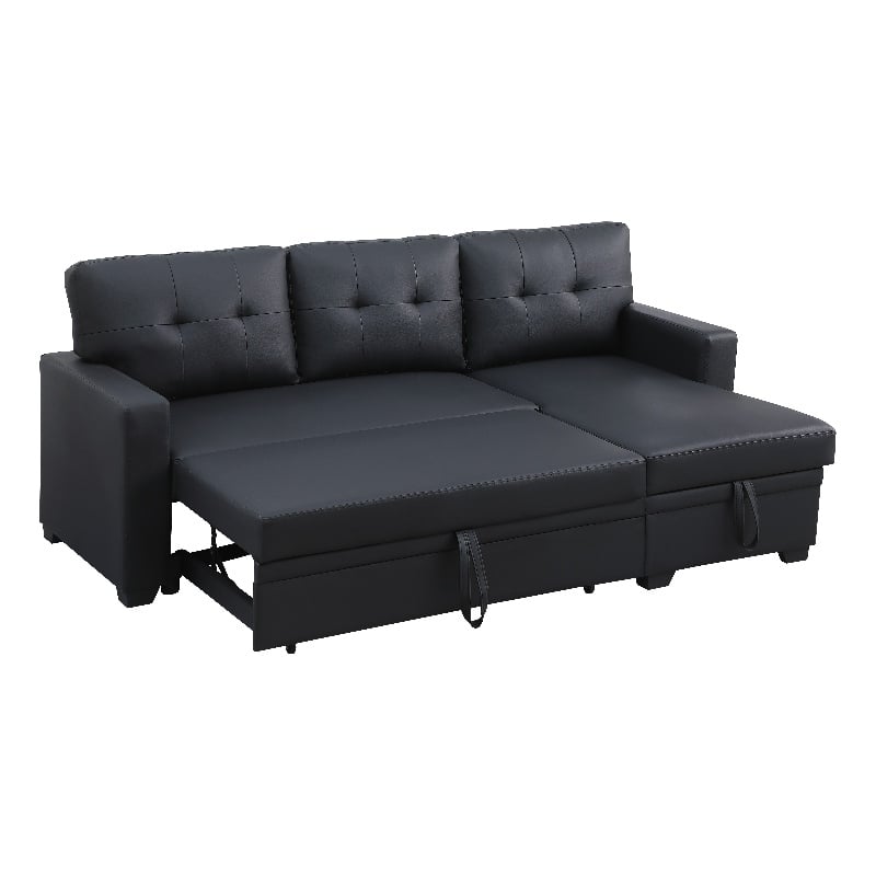 Devion Furniture Faux Leather Reversible Sleeper Sectional Sofa-Black