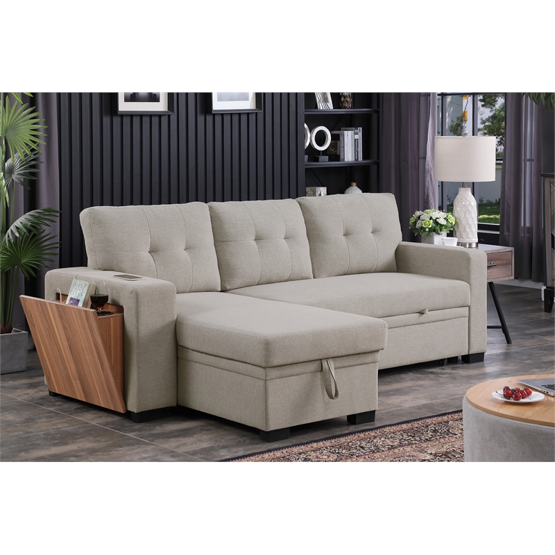 Fabric Reversible Modern Side Compartment Sleeper Sectional Sofa Bed-Light Gray