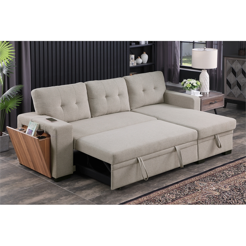 Fabric Reversible Modern Side Compartment Sleeper Sectional Sofa Bed-Light Gray