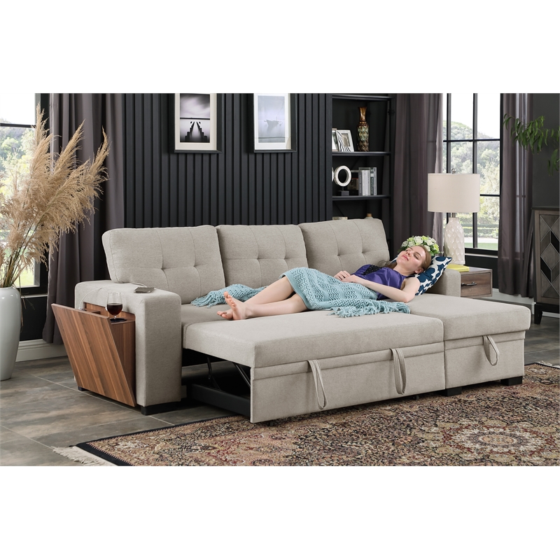 Fabric Reversible Modern Side Compartment Sleeper Sectional Sofa Bed-Light Gray