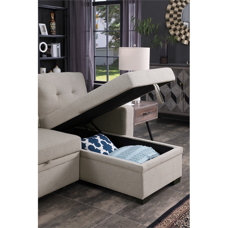 Fabric Reversible Modern Side Compartment Sleeper Sectional Sofa Bed-Light Gray