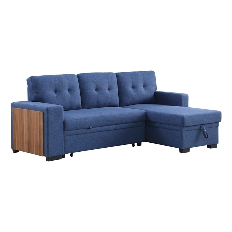 Fabric Reversible Modern Side Compartment Sleeper Sectional Sofa Bed-Blue