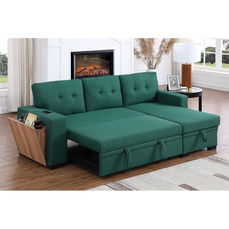 Fabric Reversible Modern Side Compartment Sleeper Sectional Sofa Bed-Green