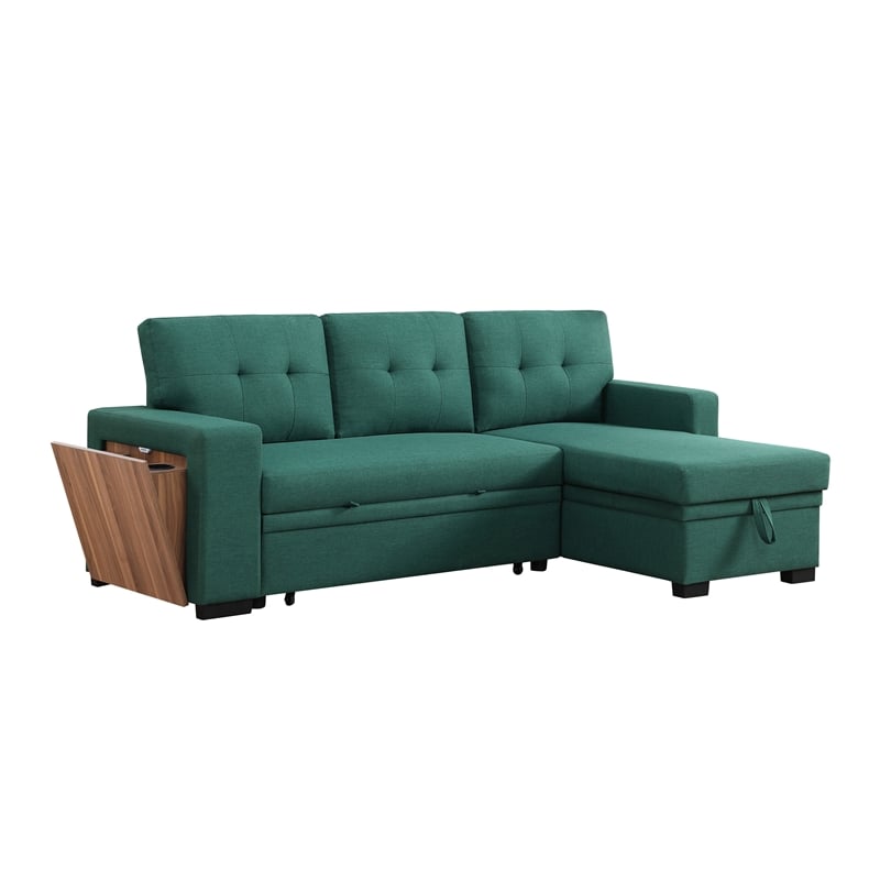 Fabric Reversible Modern Side Compartment Sleeper Sectional Sofa Bed-Green