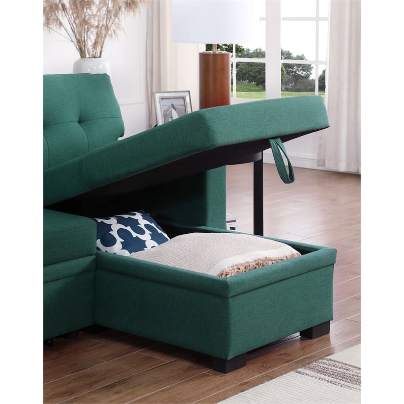 Fabric Reversible Modern Side Compartment Sleeper Sectional Sofa Bed-Green