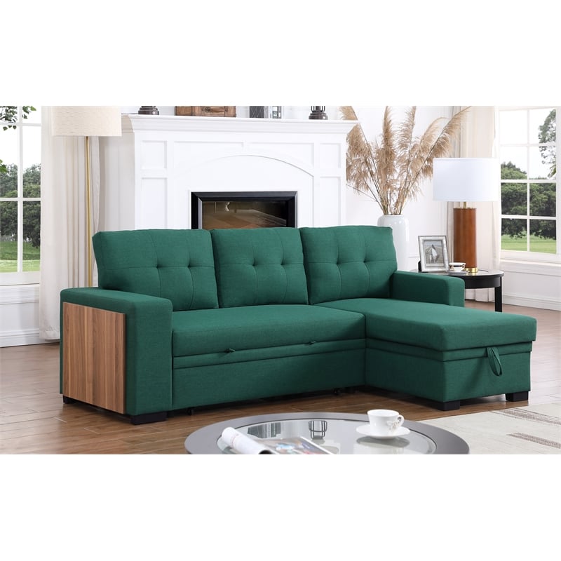 Fabric Reversible Modern Side Compartment Sleeper Sectional Sofa Bed-Green