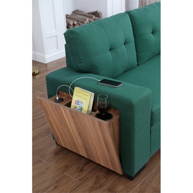 Fabric Reversible Modern Side Compartment Sleeper Sectional Sofa Bed-Green