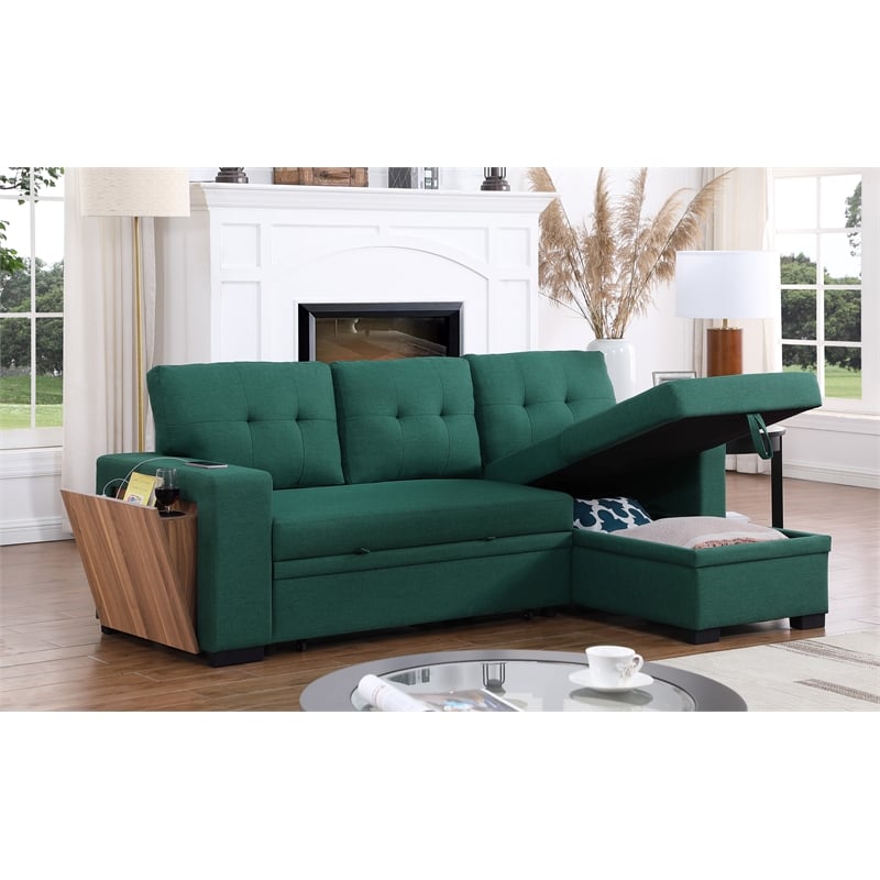 Fabric Reversible Modern Side Compartment Sleeper Sectional Sofa Bed-Green