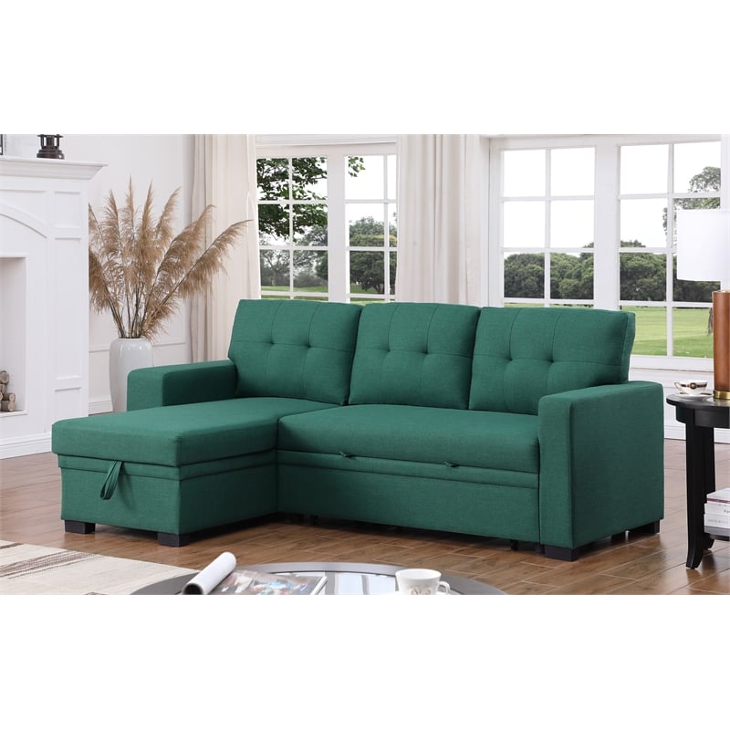 Fabric Reversible Modern Side Compartment Sleeper Sectional Sofa Bed-Green