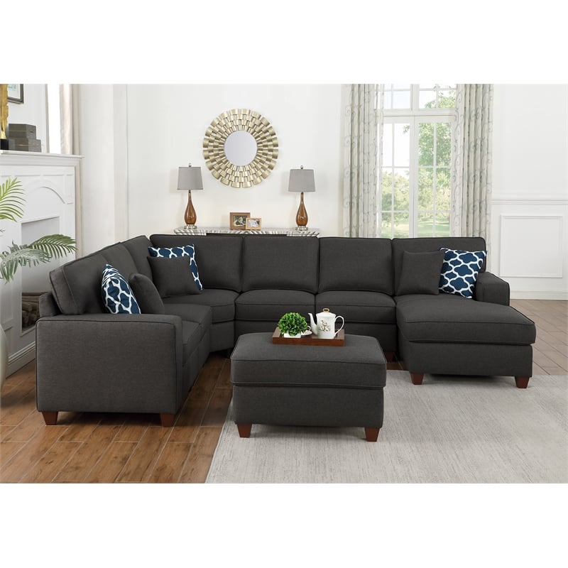 Devion Furniture 7-Piece Upholstered Modern Fabric Sectional in Dark Gray