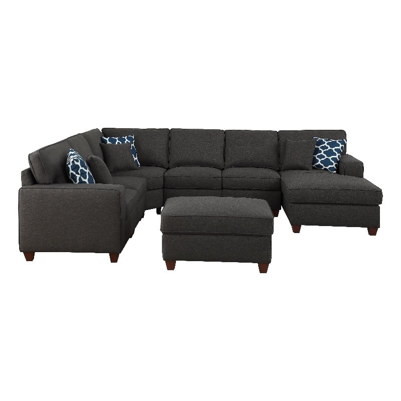 Devion Furniture 7-Piece Upholstered Modern Fabric Sectional in Dark Gray