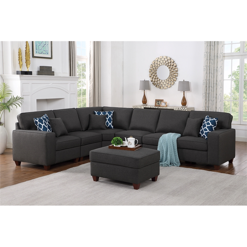Devion Furniture 7-Piece Upholstered Fabric Sectional with Ottoman in Gray