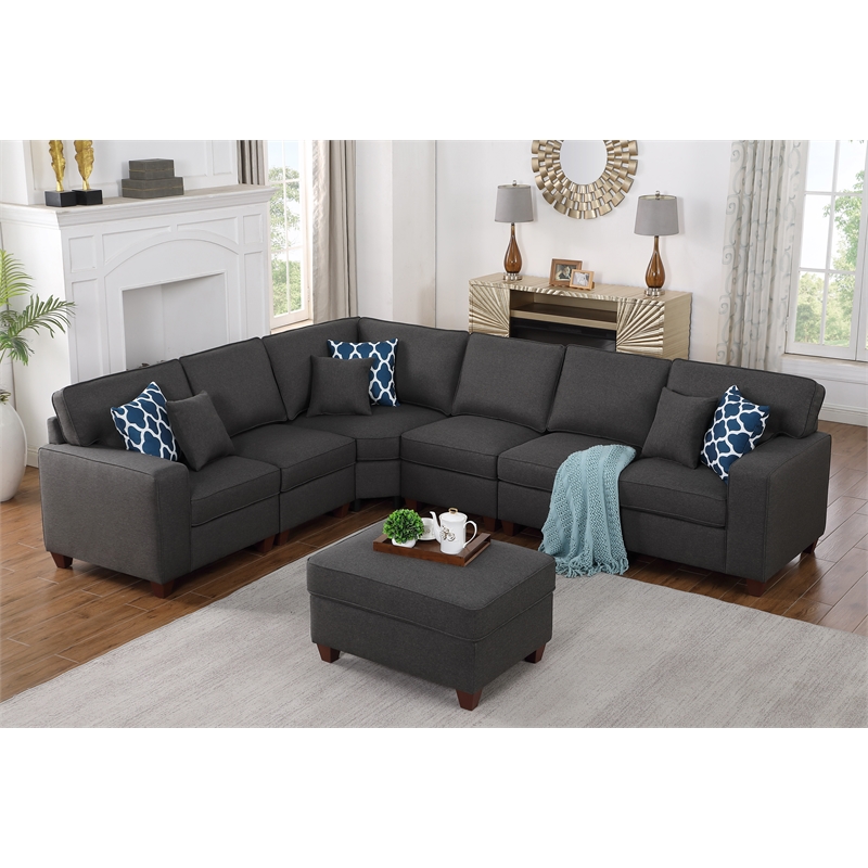 Devion Furniture 7-Piece Upholstered Fabric Sectional with Ottoman in Gray