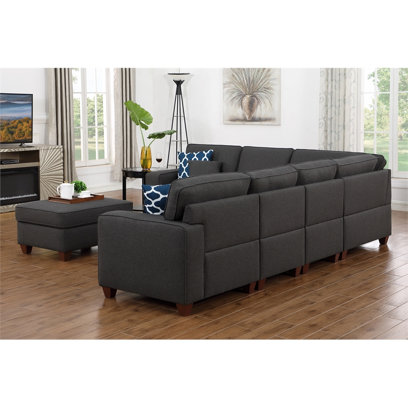 Devion Furniture 7-Piece Upholstered Fabric Sectional with Ottoman in Gray