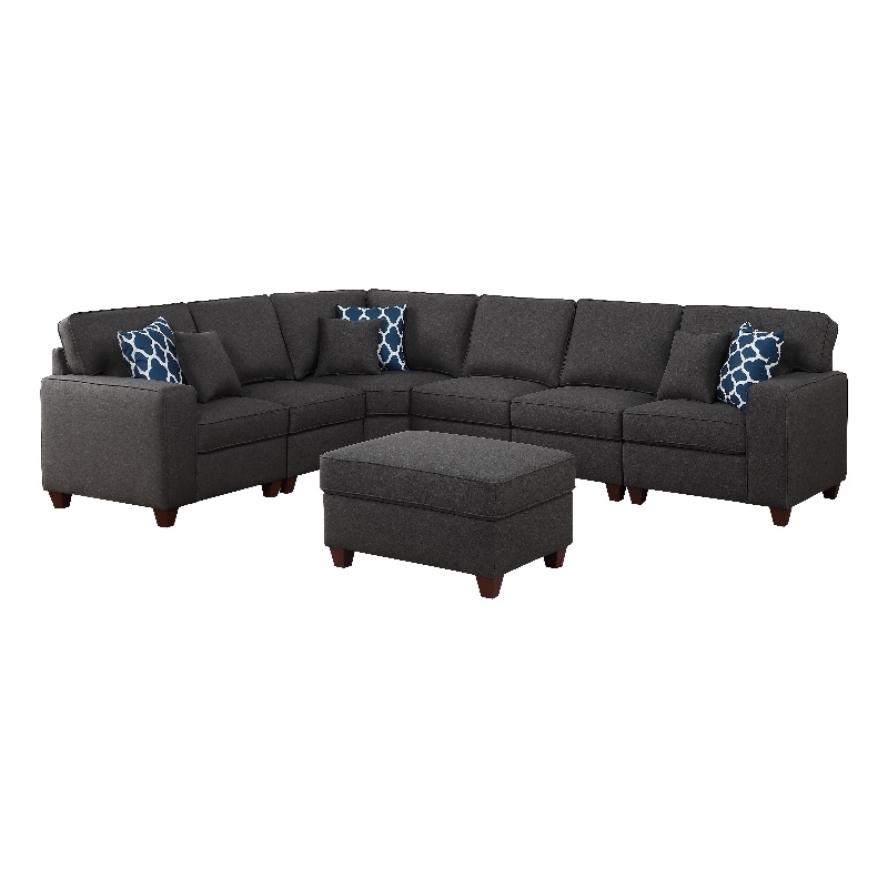 Devion Furniture 7-Piece Upholstered Fabric Sectional with Ottoman in Gray