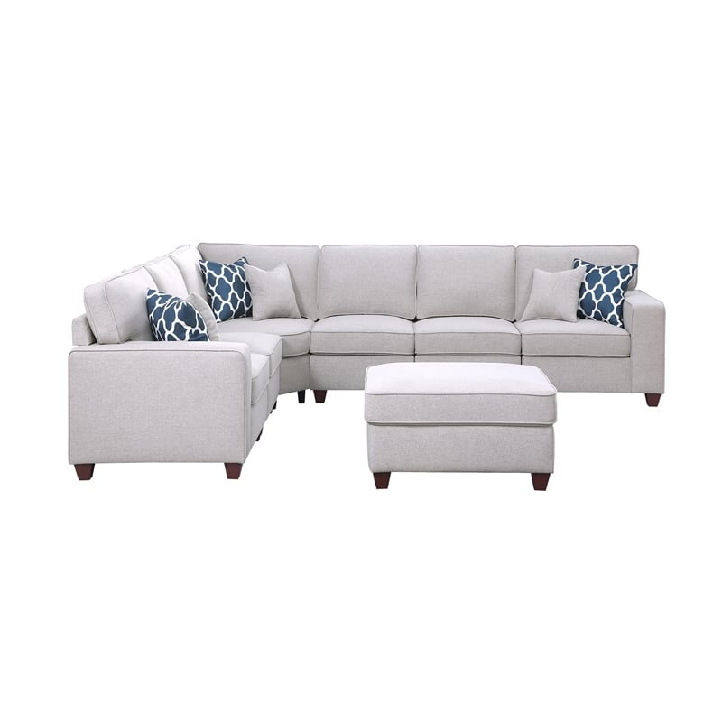 Devion Furniture 7-Piece Upholstered Fabric Sectional with Ottoman in Light Gray
