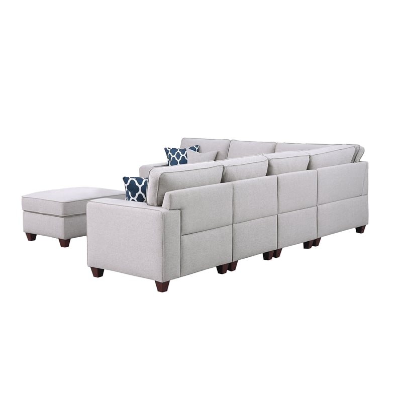 Devion Furniture 7-Piece Upholstered Fabric Sectional with Ottoman in Light Gray