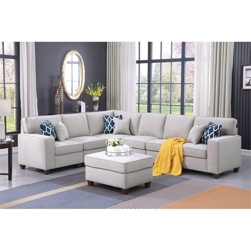 Devion Furniture 7-Piece Upholstered Fabric Sectional with Ottoman in Light Gray