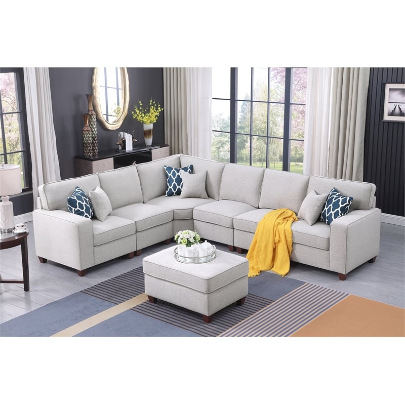 Devion Furniture 7-Piece Upholstered Fabric Sectional with Ottoman in Light Gray