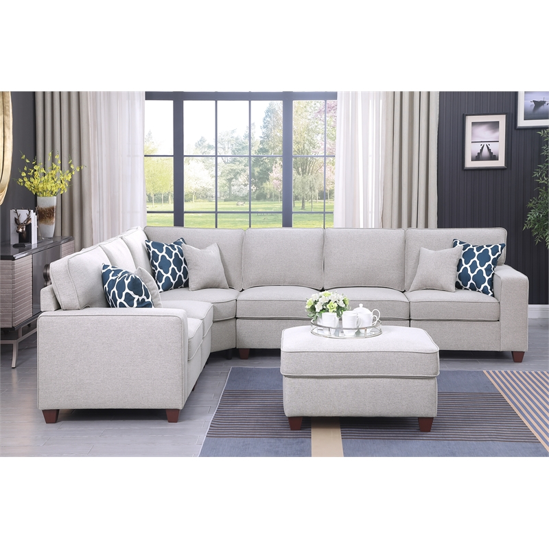 Devion Furniture 7-Piece Upholstered Fabric Sectional with Ottoman in Light Gray